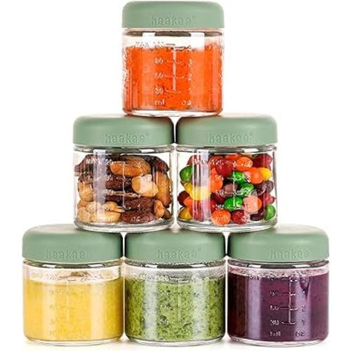 Haakaa Glass Baby Food Jar with Silicone Lid – 6pc 6 x 4oz,Premium Lab-Quality Borosilicate Glass, Plastic-Free, Freezer, Microwave & Ovensafe.