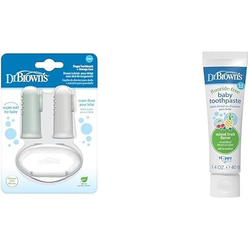 Dr. Brown's Silicone Finger Toothbrush for Baby with Travel-Storage Case, 3m+, Gray and Light Green & Fluoride-Free Baby Toothpaste,Infant & Toddler Oral Care,Mixed Fruit,1-Pack,1.4oz/40g