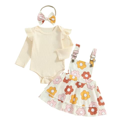 FOCUSNORM Newborn Baby Girl Outfits Long Sleeve Romper Floral Suspenders Skirt Cute Headband 3 Pcs Infant Fall Winter Clothes