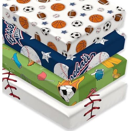 4 Pack Sports Baseball Crib Sheet Set for Boys, Neutral Soft Breathable Fitted Vintage Crib Sheet, Baseball Nursery Decor for Standard Crib and Toddler Bed Mattresses 28 x 52 in