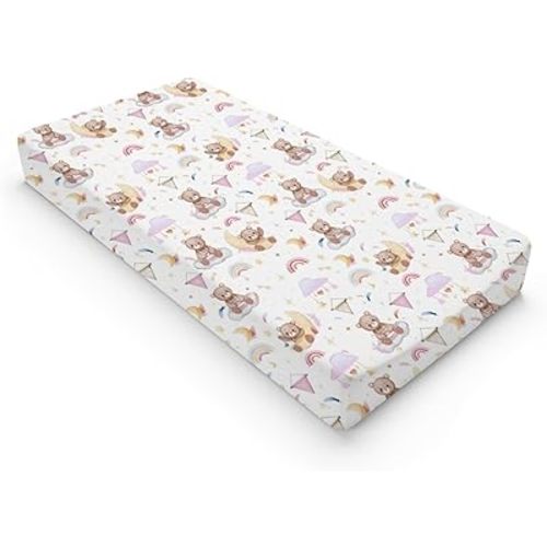 Cartoon Cute Bear Girl Changing Pad Covers Bear Rainbow Moon Stars Clouds Leaf Baby Change Table Sheets Cover for Boys Girls Soft Stretchy Diaper Changing Table Mats 32''x16'' Pink
