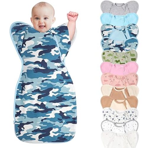 3-Way Wearable Swaddle Blankets Sleep Sacks with Arms Up, Hands Up Sleeping Sack Easy Diaper Changing Sleeping Bag for Baby Boy Girl Newborns Transitions to Arms-Free Calms Startle Reflex