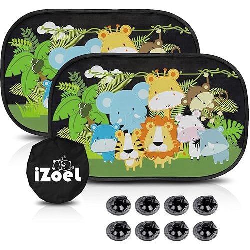 MOVINPE Car Sun Shade for Baby Kids 2 Pack Static Cling Side Window Car 80GSM Rear Sunshades Universal with 8 Suction Cups and Storage Bag - Sun Glare and UV Rays Protection (Cute Animals)