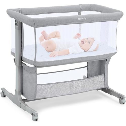 Ezebaby Bedside Bassinet for Baby, Portable Baby Bassinet Bedside Sleeper for Newborn Infants with Wheels Storage Basket, Adjustable 7 Heights and All Mesh Sides