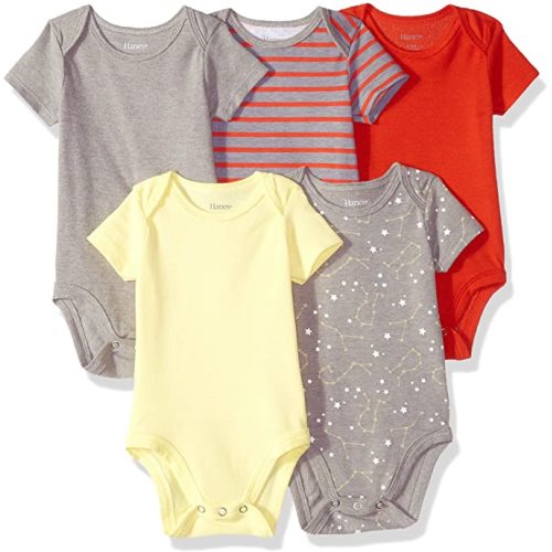 Hanes Baby Bodysuits, Ultimate Baby Flexy Bodysuits, Infant Short Sleeve, 5-Pack - 0-6 Months - Yellow/Reds