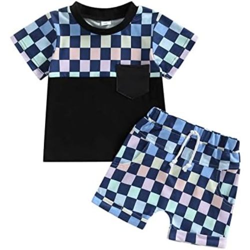 Toddler Baby Boy Summer Clothes Set Short Sleeve Checkered Tops & Shorts Novelty Color Block Outfits