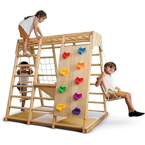 Avenlur Magnolia Indoor Playground 6-in-1 Jungle Gym Montessori Waldorf Style Wooden Climber Playset Slide, Rock Climbing Wall, Rope Wall Climber, Monkey Bars, Swing for Toddlers, Children Kids 2-6yrs