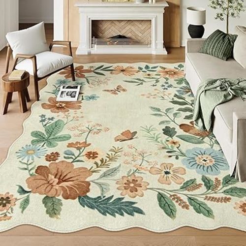 Lahome Floral Washable Rugs 8x10, Non-Slip Soft Bedroom Rugs Stain Resistant, Ultra-Thin 8x10 Rugs for Living Room Easy Clean Boho Rug Accent Carpet for Dining Room Office(8x10ft,Beige)
