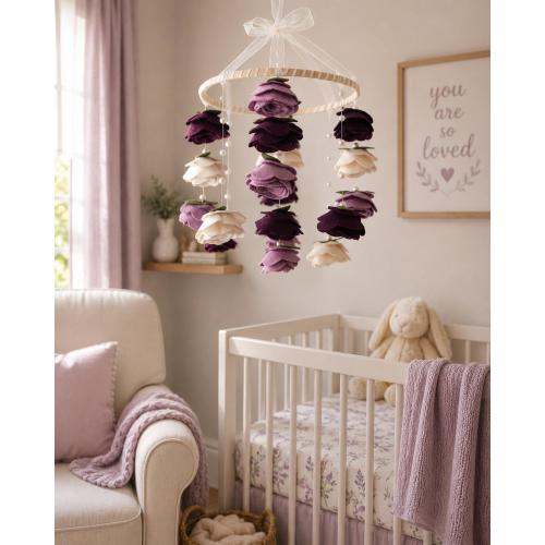 Felt Flower Baby Mobile | Purple Roses & Pearls Nursery Decor