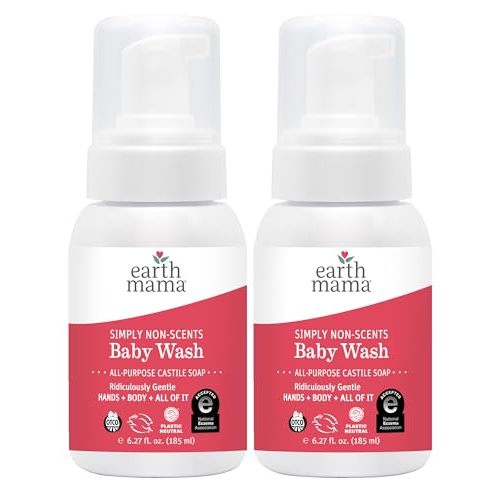 Earth Mama Simply Non-Scents Baby Wash Foaming Hand Soap Refill, Organic All-Purpose Body Wash for Sensitive Skin, Castile Soap with Coconut Oil, Shea Butter, Calendula, & Aloe, 5.3floz 2-Pk