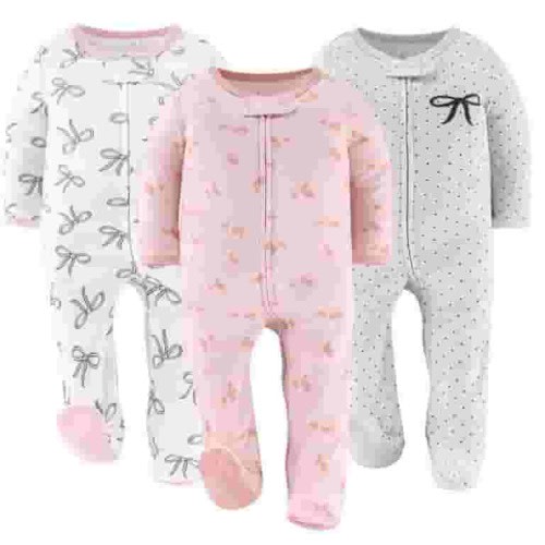 The Peanutshell Baby Sleep n Play Footed Pajamas for Baby Girls, Pink Balletcore, 3 Pack, 6-9 Months