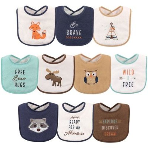 Hudson Baby Infant Boy Cotton Terry Drooler Bibs With Fiber Filling 10pk, Raccoon, One Size