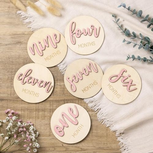 Monthly Baby Girl Milestone Circles: Newborn Milestone Age Wooden Cards from 1-12 Months - Birth One Month Markers Discs for Girls Photo Props