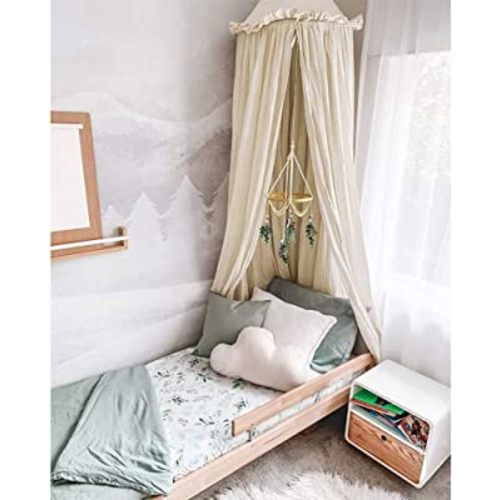 Kids Bed Canopy with Frills Cotton Cover Net for Crib Reading Nook Curtain Hideaway Hanging Round Tent Nursery Bedding Play Room Decor