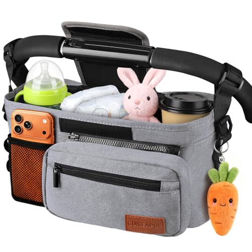 Guiseapue Universal Stroller Organizer with Cup Holder: Baby Essentials, Stroller Caddy with Shoulder Strap, Detachable Phone Bag, Stroller Accessories, New Moms Baby Gifts
