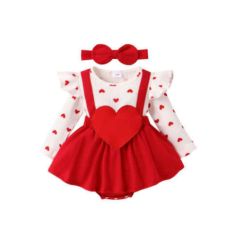 Bslissey 3M 6M 9M 12M 18M Baby Girls Valentine's Day Romper Dress Heart Letter Print Ruffles Long Sleeve Patchwork Jumpsuit with Headband for Newborn Infant Clothes