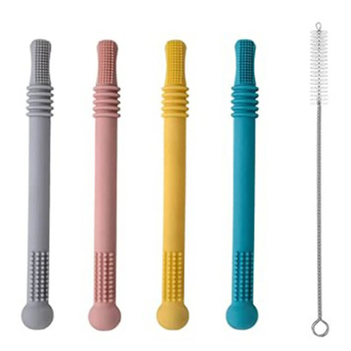 Jinyi Baby Teether Safe Silicone Chewy Straw Toy Multi-color Baby Molar Stick Teething Toys For Infant Toddler 4+1