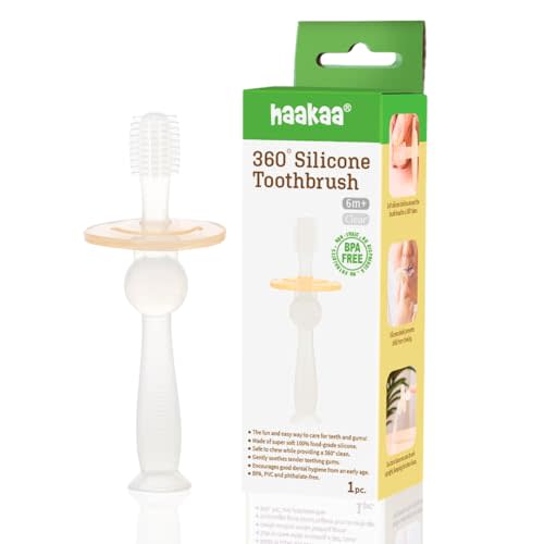 Haakaa 360° Silicone Baby Toothbrush – 100% Soft Food Grade Silicone, BPA-Free, Suction Base, Safe for Babies 6 Months+, Gentle Gum and Teeth Cleaning for Infants, Gum Massager