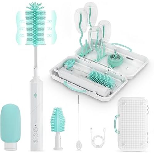 8-in-1 Electric Bottle Brush, Electric Baby Bottle Brush Cleaner Set with Drying Racks, Silicone Brush, Nipple Brush, Straw Brush, 90° Rotating Handle, Waterproof, Travel Baby Bottle Cleaning Kit
