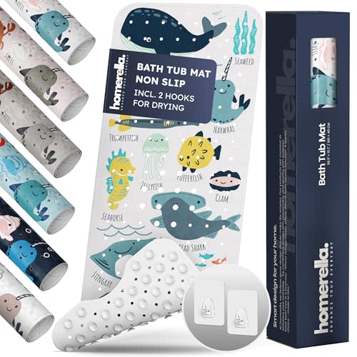 Homerella Baby Bath Tub Mat | Anti Mold Mildew Resistant Non Slip Kids and Adult Bath Tub Shower Mats | 40x16 inch Long with Suction Cups for Secure Grip Hooks for Storage & Drying | Machine Washable