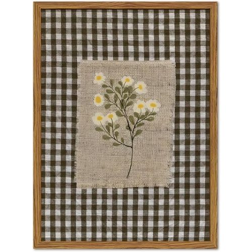 Framed Vintage Floral Wall Art, Rustic Flower Pictures Wall Decor, Farmhouse Wildflower Gingham Paintings Canvas Prints Cottagecore Home Decor for Living Room Bedroom Bathroom 12x16 inch