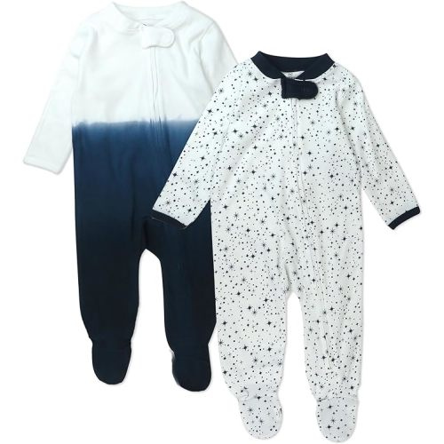 HonestBaby Sleep and Play Footed Pajamas One-Piece Sleeper Jumpsuit Zip-front PJs Organic Cotton for Baby Boys, Unisex - 2 - Twinkle Star White/Navy