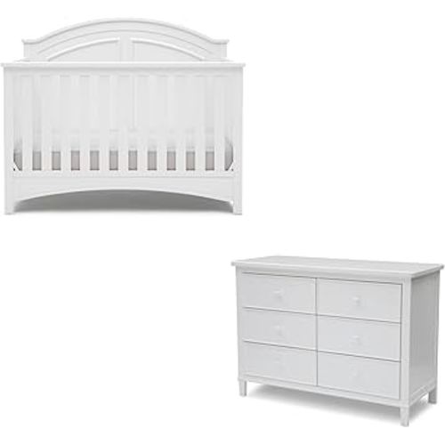 Delta Children Haven 6 Drawer Dresser, White + Perry 6-in-1 Convertible Crib - Greenguard Gold Certified, White (Bundle)