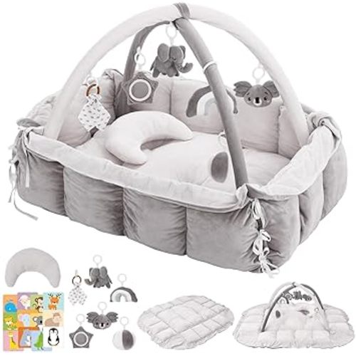 5-in-1 Baby Play Gym and Tummy Time Mat, Tummy Time Pillow & 12 Learning Cards, Plush Activity Mat with 6 Toys, Baby Gym, Convertible to Ball Pit, Baby Gift, Grey