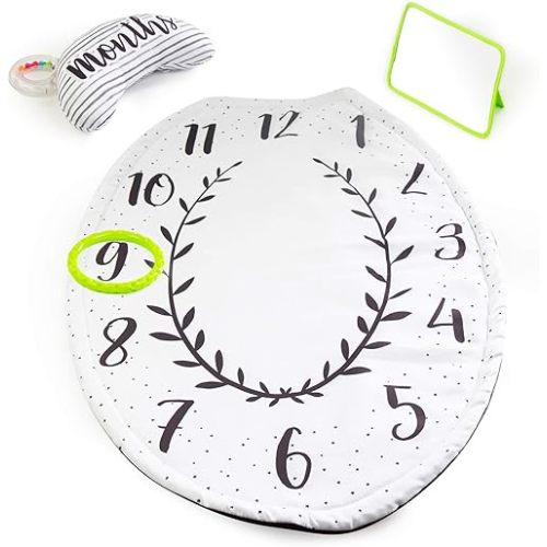 Sassy Tummy Time Play Mat with Large Mirror, Cushioned, Reversible Support Bolster, and Teething Ring, Age 0+