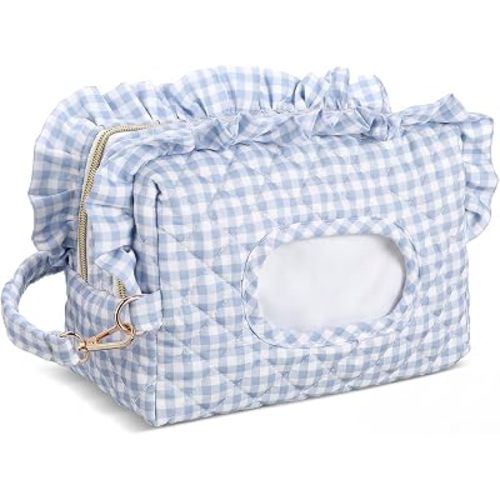 Aliceset Light Blue Ruffle Gingham Diaper and Wipe Pouch Quilted Baby Dispenser Holder Diaper and Tissue Bag Purse Portable Travel Hanging Wet Wipes Bag Diapering Clutch for Car Stroller