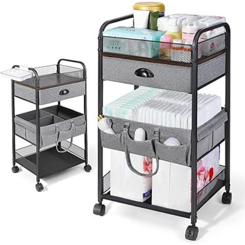Orzbow Baby Caddy Cart Organizer, 4 Tier Baby Rolling Storage Cart with Drawer, Easy To Assemble, Detachable Infant Nursery Storage with Wheels for Bedroom, Changing Table & Crib, Gray