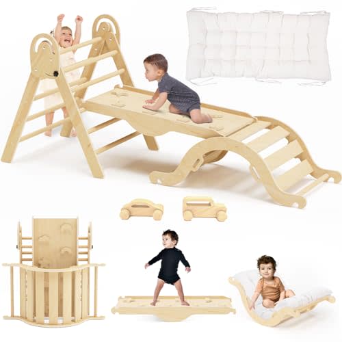 ElegantCrafts Pikler Triangle Set with Cushion, Montessori Climbing Set, Indoor Climb Toys, Indoor Playground Jungle Gyms, 9 Combinations Climbing Toy Set for Toddler, Baby, Kids 1-4