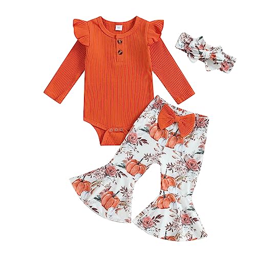 Kuriozud Newborn Baby Girl Bell Bottom Outfit Ruffle Romper Cute Bow Flare Pants Set Headband Cute Clothes