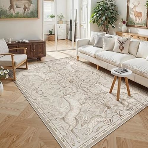 Lahome Boho Animal 5x7 Washable Living Room Area Rugs, Beige Soft Rugs for Bedroom, Botanical Large Boho Non Slip Dining Room Carpet for Under Table Entryway Kitchen Office (5x7ft,Beige)