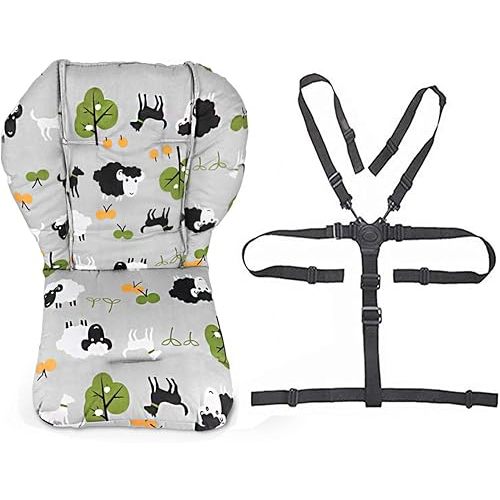 twoworld Baby High Chair Seat Cushion Liner Mat Pad Cover Resistant and High Chair Straps (5 Point Harness) 1 Suit (Grey Sheep)