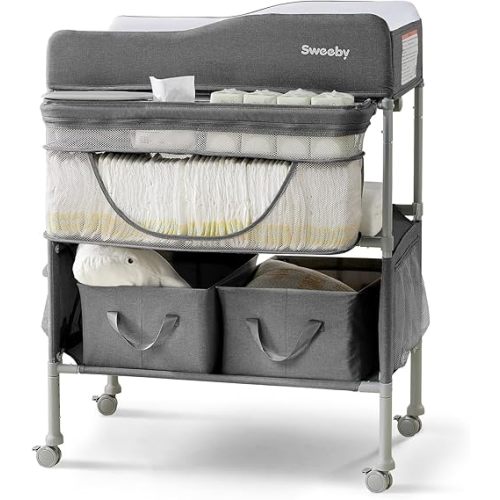 Sweeby Portable Baby Changing Table, 4 Position Height Adjustable with Lockable Wheels, 2 Storage Basket for Essentials, Waterproof Diaper Changing Table Station Pad Topper with Play Center,Dark Grey