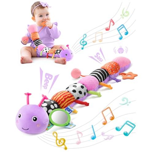 LIGHTDESIRE Baby Toys Musical Caterpillar,Infant Toys 3 6 12 Months Sensory Toy with Ruler Design,Mirror,Pull String,Crinkle&Ring Bell,Baby Teething Toy for Tummy Time Boy Girl Gifts (Lavender Purple)