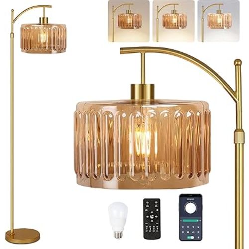 QIYIZM Glass Floor Lamp for Living Room,Bedroom,Gold Dimmable Standing Lamp with Remote,Mid Century Modern Brass Tall Lamp Boho Vintage Retro Floor Lamps Arc Amber Flower Floor Light Lamp Bohemian