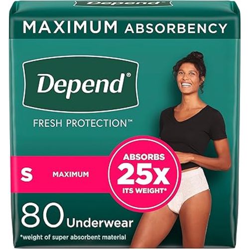 Depend Fresh Protection Adult Incontinence & Postpartum Bladder Leak Underwear for Women, Disposable, Maximum, Small, Blush, 80 Count (2 Packs of 40), Packaging May Vary