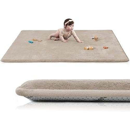 Baby Play Mat for Floor,Extra Large 59"×71" Tummy Time Mat,Thicker Memory Foam Mat for Toddler,Infant,Kids,Water Repellent Ultra Soft Coral Velvet,Non-Slip Backing Safe for Crawling(Beige)