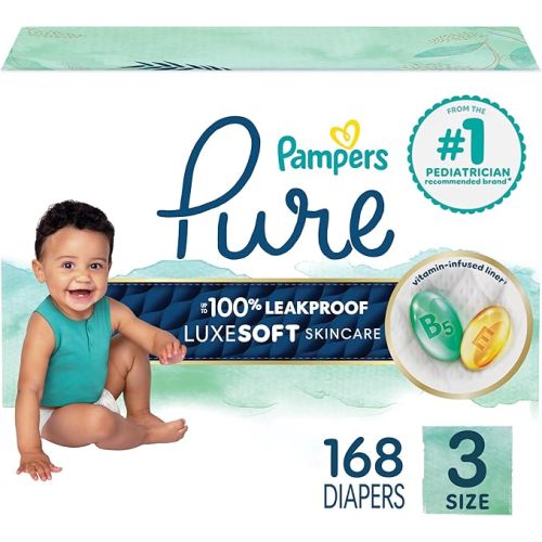 Pampers Pure Protection Baby Diapers, Size 3 (16-28 lbs), 168 Count, Up to 100% Leakproof, Premium Plant-Based Skin Protection, Hypoallergenic Soft Diapers