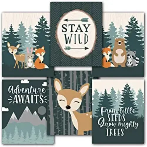 Hadley Designs 6 Reversible 8x10 Woodland Nursery Decor For Boys Prints, Baby Boy Nursery Decor, Woodland Wall Decor Baby Shower Decorations, Woodland Creatures Nursery Wall Art Decor