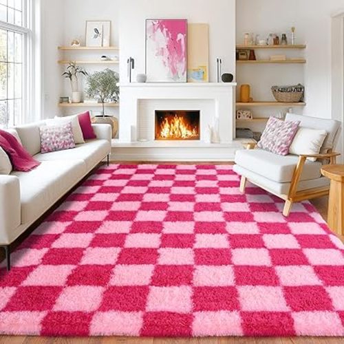 8x10 Area Rugs for Living Room, Fluffy Plush Checkered Rug for Bedroom, Modern Shag Non Slip Soft Furry Large Carpet for Kids Room Nursery Home Decor, Hot Pink