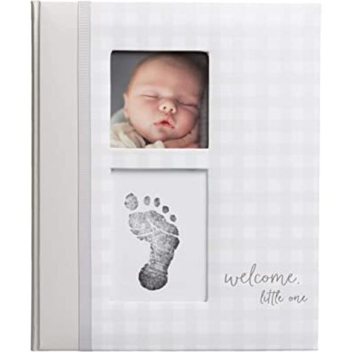 Pearhead Gingham Baby Memory Book and Clean-Touch Ink Pad, Gender Neutral Baby Accessory, Baby Milestones Photo Album, Gray