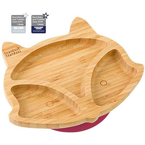 bamboo bamboo Fox Cub Suction Plate for Babies Cherry - Powerful Detachable Suction Base - Natural Bamboo Toddler Plates for Stay Put Feeding