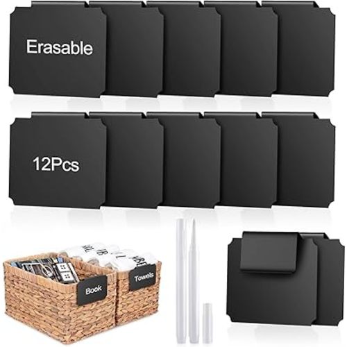 14PCS Basket Labels Clip On Set, Removable Bin Labels Basket Tags for Storage Bins With 2 Chalk Markers for Organization Fabric Storage Cubes