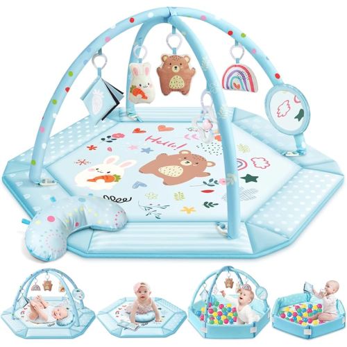 Baby Gym Play Mat, 8-in-1 Tummy Time Mat & Ball Pit with 6 Toys, Washable Baby Activity Mat for Visual, Hearing, Sensory, Motor Development, Baby Gift for Newborn Infant 0-3-6-9-12 Months (Blue)