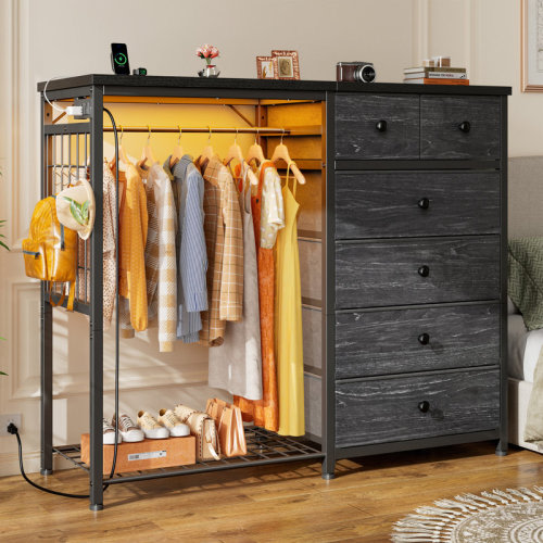17 Stories Dresser For Bedroom With Clothes Rack, 6 Drawer Dresser With Shoe Rack, Charging Station & Led Lights & Reviews | Wayfair