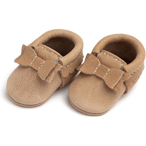 Freshly Picked - First Pair Soft Sole Newborn Blush Bow Moccasins - Newborn Baby Girl Shoes - Size 0 in Multiple Colors - Weathered Brown