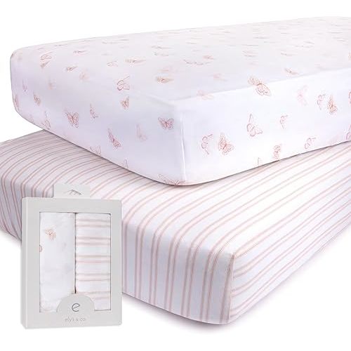 Ely’s & Co. Crib Sheets, Baby Girl Fitted Crib Mattress Sheet Set, 2 Pack, 100% Jersey Knit Cotton, Infant and Toddler Nursery Bedding, Pink Butterfly + Stripe Print, 28” x 52”